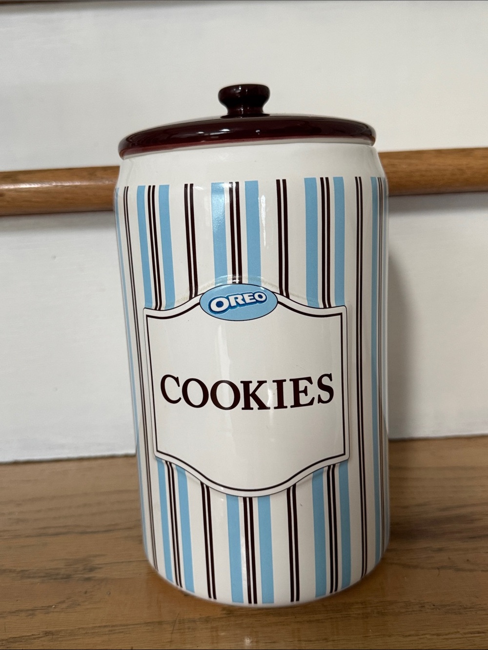 Vintage Oreo Blue Stripe Cookies Canister with Brown Lid